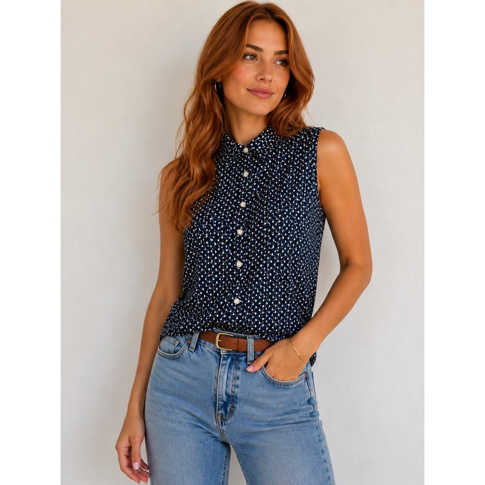 Marsh Landing Petites  Navy White Flowers Button Down Sleeveless Vest PL